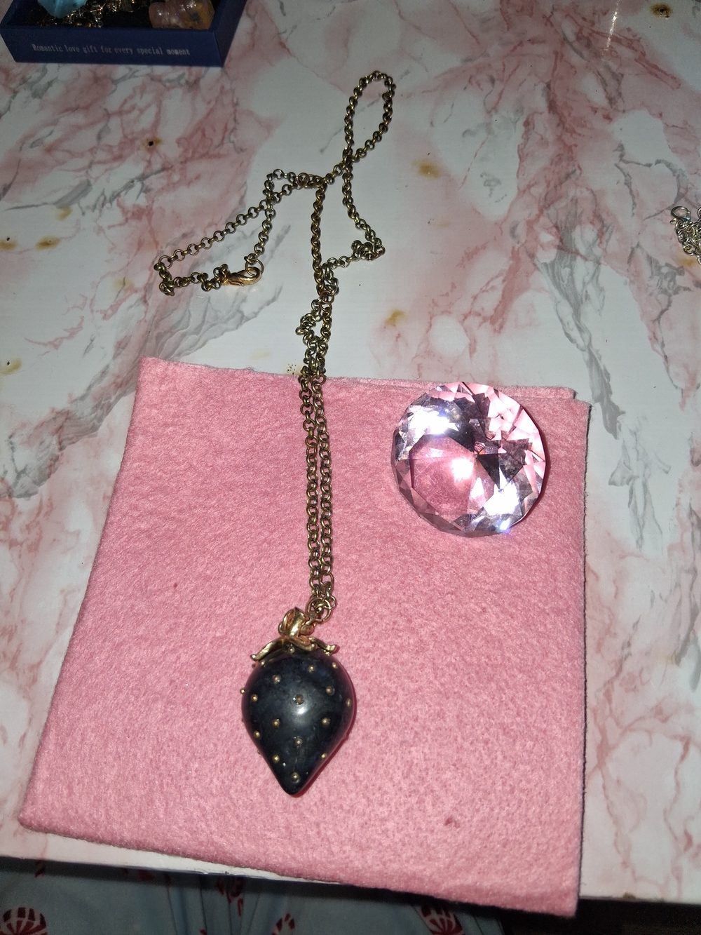 Gold Chain Necklace with Black Vintage Strawberry Pendant
